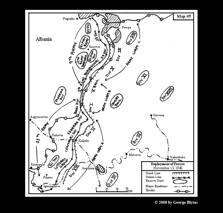 Hand-drawn map depicting the Deployment of Greek and Italian forces in November, 1940.