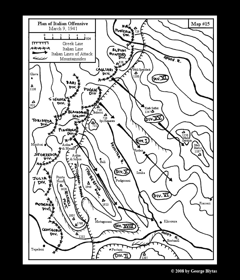 Hand-drawn map depicting the Italian plan of attack for March, 1941.